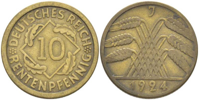 ГЕРМАНИЯ 10 РЕНTЕНПФЕННИГОВ 1924 J KM 33, J. 309, Weege 8 алюминиевая бронза 210-327