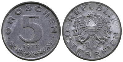 АВСТРИЯ 5 ГРОШЕЙ 1972 KM 2875 цинк 57-551