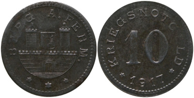 Замок Бург-ауф-Фемарн (Пруссия, Шлезвиг-Гольштейн) 10 пфенингов 1917 Funck 66.2, Men05 4040.3, Men18 5128.3 железо 4163-652