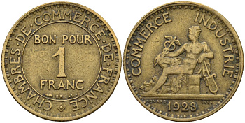 Франция 1 франк 1923 KM 876, Le Franc 218.5 алюминиевая бронза 4142-736
