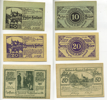 АВСТРИЯ НАБОР ИЗ 3 БАНКНОТ 1920 15-31 ДЕКАБРЯ,НОТГЕЛЬД, 10, 20, 50 ГЕЛЛЕРОВ, TAUFKIRCHEN am der PR бумага XF 7207-8-3