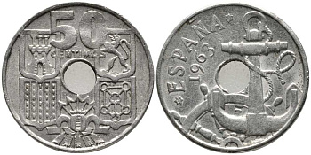 ИСПАНИЯ 50 СЕНТИМО 1963 (63) ФРАНСИСКО ФРАНКО ДИКТАТОР ИСПАНИИ (1939-1975), МОРСКАЯ АТРИБУТИКА KM 777 медно-никель 110-935