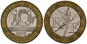 Франция 10 франков 1990 тип Гений Бастилии KM 964.1, Le Frank 375.5 биметалл 4138-326