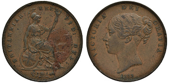 Великобритания 1 пенни 1853 Виктория (1837-1901) KM 739, Spink 3948 медь 1523-1324