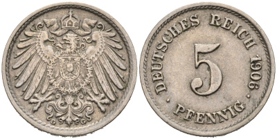 ГЕРМАНИЯ 5 ПФЕННИГОВ 1906 G, KM 11, J. 12 медно-никель 75-937