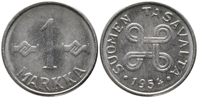 ФИНЛЯНДИЯ 1 МАРКА 1954 KM 36а железо плакированное никелем 100-435