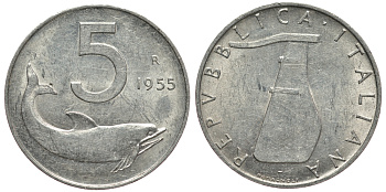 ИТАЛИЯ 5 ЛИР 1955 R, РУЛЬ , ДЕЛЬФИН KM 92 алюминий 4182-121