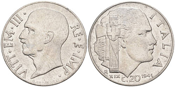 ИТАЛИЯ 20 ЧЕНТЕЗИМО 1941 R, ГОД XIX, ВИКТОР ЭММАНУИЛ III (1900-1946) KM 75b, VEM3. 1028 нержавеющая сталь 3853-725