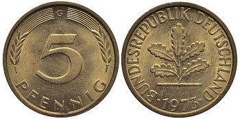 ФРГ 5 ПФЕННИГОВ 1973 G KM 107, Jager 382 сталь плакированная латунью 4547-747