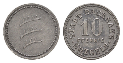 Бакнанг 10 пфеннигов ND (1918) Funck 25.2, Men05 1171.2, Men18 1511.2 железо 3955-932