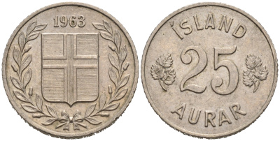 Исландия 25 эйре 1963 KM 11 медно-никель 4564-1243