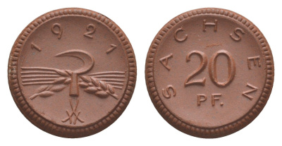Саксония 20 пфеннигов 1921 Men05 22281.4, Men18 27868.4, Scheuch 31a фарфор 1094-6-74