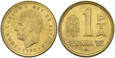 Испания 1 песета 1980 (81) чемпионат мира по футболу 1982 года в Испании, Хуан Карлос I (1975 - 2014) KM 816 алюминиевая бронза 4604-455
