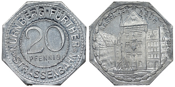 Германия, Нюрнберг - Фюрт 20 пфеннигов ND трамвайный жетон, Дом Нассау алюминий UNC 4119-553