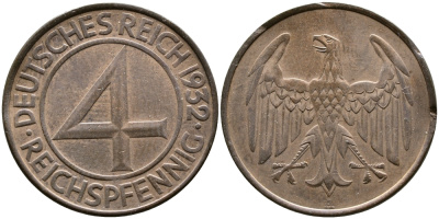ГЕРМАНИЯ 4 РЕЙХСПФЕННИГА 1932 A KM 75, J. 315 медь 4388-421