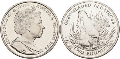 Южная Георгия и Южные Сандвичевы Острова 2 фунта 2006 сероголовый альбатрос KM 27 медно-никель UNC M8-16