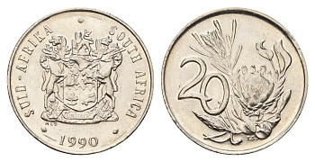 ЮАР 20 центов 1990 герб, цветок протея KM 86 никель UNC 4693-814