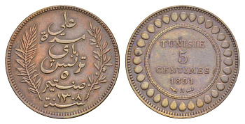 Тунис 5 сантимов 1891 A KM 221 бронза 4654-1142