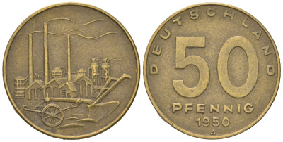 ГДР 50 пфеннигов 1950 А, фабрика KM 4 алюминиевая бронза 188-641