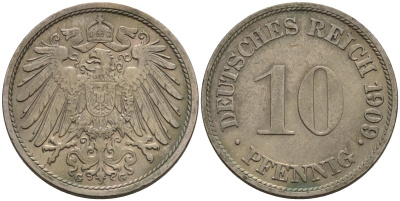 Германия 10 пфеннигов 1909 G KM 12, J. 13 медно-никель 4539-734