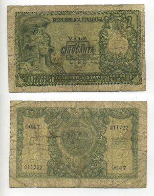 Италия 50 лир 1951 Афина Pick 91a бумага 7217-80-2-1