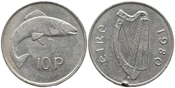 ИРЛАНДИЯ 10 ПЕНСОВ 1980 ЛОСОСЬ KM 23 медно-никель 32-714