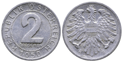 АВСТРИЯ 2 ГРОША 1950 ПЕРВЫЙ ГОД KM 2876 алюминий 26-1146