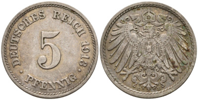 Германия 5 пфеннигов 1913 E KM 11, J. 12 медно-никель 4151-539