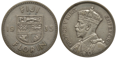 Фиджи 1 флорин 1935 Георг V (1910-1936), герб Фиджи KM 5 серебро 633-1121