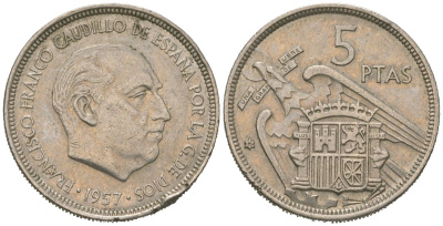 Испания 5 песет 1957 (75) Франсиско Франко (1939-1975) KM 786 медно-никель 4619-731