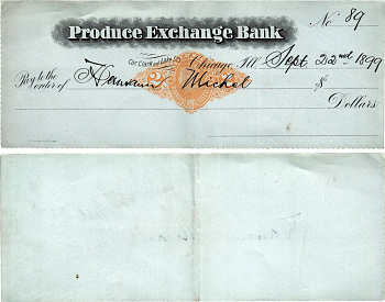 США пустой чек 1899 Produce Exchange Bank бумага 434-24-2-1