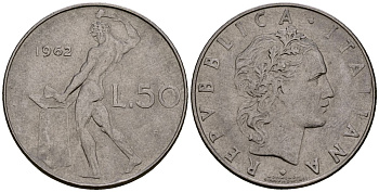 Италия 50 лир 1962 KM 95.1 нержавеющая сталь 4176-235