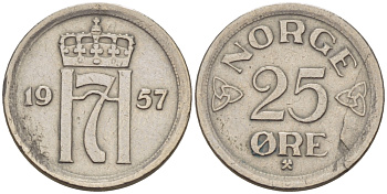 НОРВЕГИЯ 25 ЭРЕ 1957 ХОКОН VII (1905-1957) KM 401 медно-никель 66-413