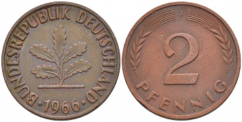 ФРГ 2 пфеннига 1966 J KM 106, J.381 бронза 4396-1558