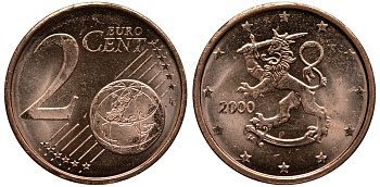 ФИНЛЯНДИЯ 2 ЕВРОЦЕНТА 2000 KM 99 сталь плакированная медью UNC 4181-466