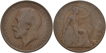 Великобритания 1 пенни 1913 Георг V (1910-1936) KM 810, Spink 4051 бронза 4144-812