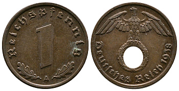 Германия 1 рейхспфенниг 1938 A KM 89, J. 361 бронза    220-258