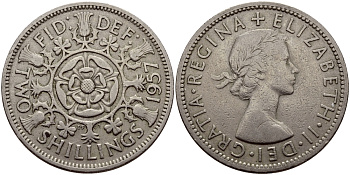 Великобритания 2 шиллинга (флорин) 1957 Елизавета II (1952-2022) KM 906, Spink 4146 медно-никель 85-723