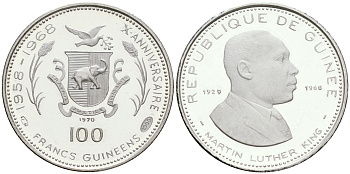 Гвинея 100 франков 1970 10 лет независимости (1958-1968), Мартин Лютер Кинг, в запайке KM 9 серебро PROOF 3831-111