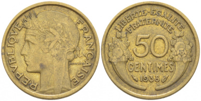 ФРАНЦИЯ 50 САНТИМОВ 1938 KM 894.1 алюминиевая бронза 3309-1032