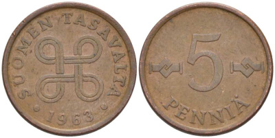 ФИНЛЯНДИЯ 5 ПЕННИ 1963 KM 45 медь 218-1266