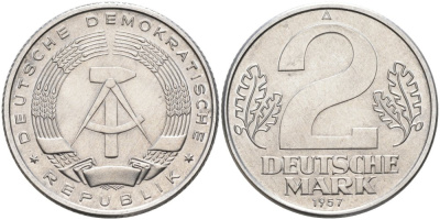 ГДР 2 марки 1957 А KM 14 алюминий UNC 4574-521