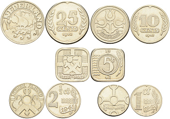 Нидерланды набор из 5 монет 1940-1945 Вильгельмина, реплика UNC N6-63