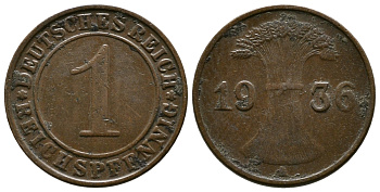 Германия 1 рейхспфенниг 1936 A KM 37, J. 313 бронза 220-151