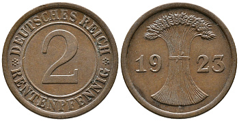 ГЕРМАНИЯ 2 РЕНТЕНПФЕННИГА 1923 A KM 31, J. 307 бронза 24-443