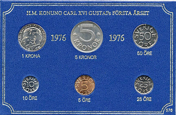 Швеция набор монетного двора из 6 монет 1976 в картоне, Карл XVI Густав (1973- ) KM MS4 UNC 7-5-7-216