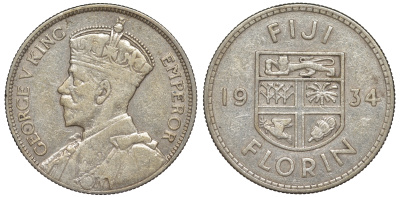 Фиджи 1 флорин 1934 Георг V (1910-1936), герб Фиджи KM 5 серебро    91-1214