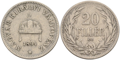 Венгрия 20 филлеров 1894 KB, Франц Иосиф I (1848-1916) KM 483 никель 4151-951