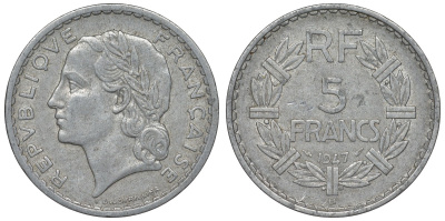 Франция 5 франков 1947 B, открытая 9, тип Лаврийе KM 888b.2, Le Franc 339.11 алюминий 4123-533