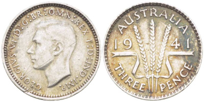 Австралия 3 пенса 1941 m, Георг VI (1937-1952) KM 37 серебро 4516-135